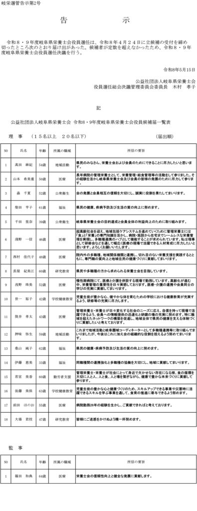 令和8・9年度岐阜県栄養士会役員選任について（告示）